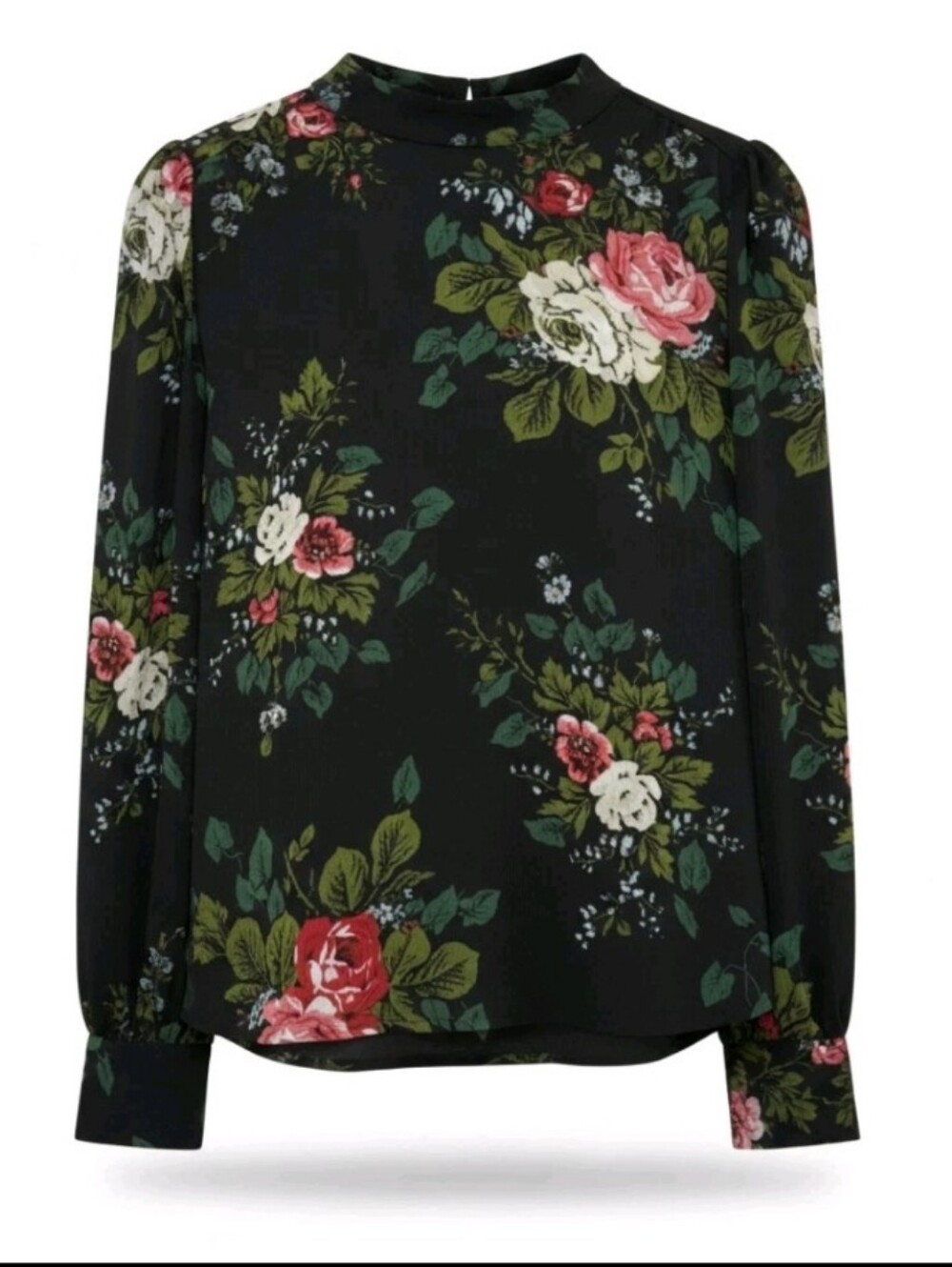Loft Floral Mock-Neck Blouse - Black with Pink Rose Print